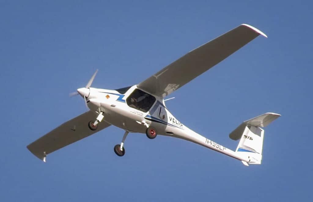 Brig. Gen. Jeffrey Geraghty, 96th Test Wing commander, flies the 1000-pound Pipistrel Velis Electro aircraft for a test flight April 22, 2024 at Eglin Air Force Base, Florida. Geraghty and other Eglin test pilots flew the 80-horsepower electric aircraft over a three-week period to provide qualitative evaluations to AFWERX toward electric aircraft usage for the Air Force. 