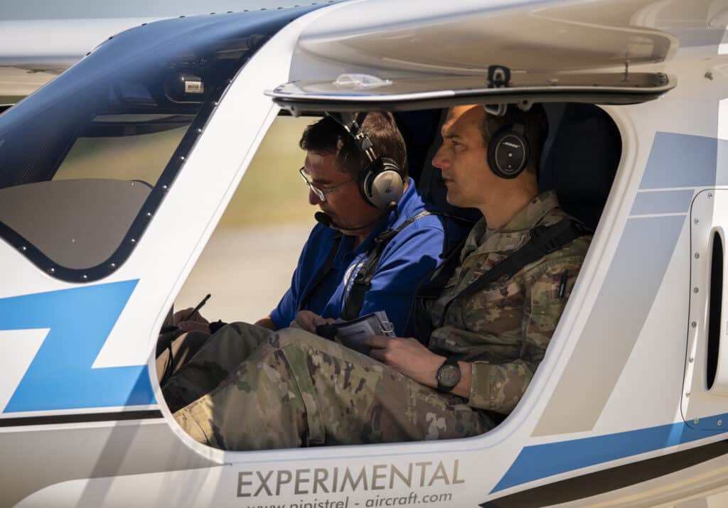 Brig. Gen. Jeffrey Geraghty, 96th Test Wing commander and instructor, Jim Mueller, Modern Technology Solutions Inc., prepare to taxi for an electric aircraft test flight April 22, 2024 at Eglin Air Force Base, Florida. Geraghty and other Eglin test pilots flew the 80-horsepower 1000-pound Pipistrel Velis Electro over a three-week period to provide qualitative evaluations to AFWERX toward electric aircraft usage for the Air Force.