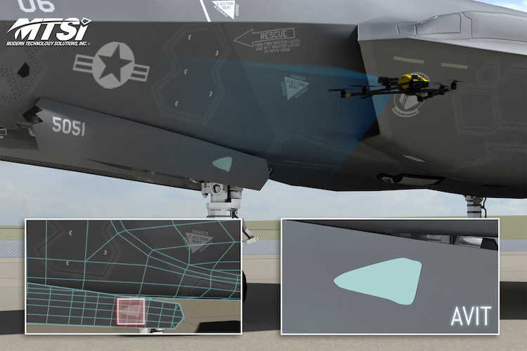 Small unmanned aerial system operating near military aircraft with sensor and mapping interface overlays.