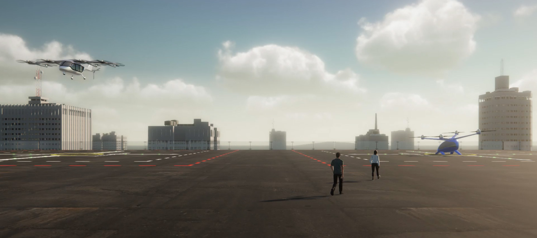 Concept rendering of urban air mobility aircraft operating above a city landing area.