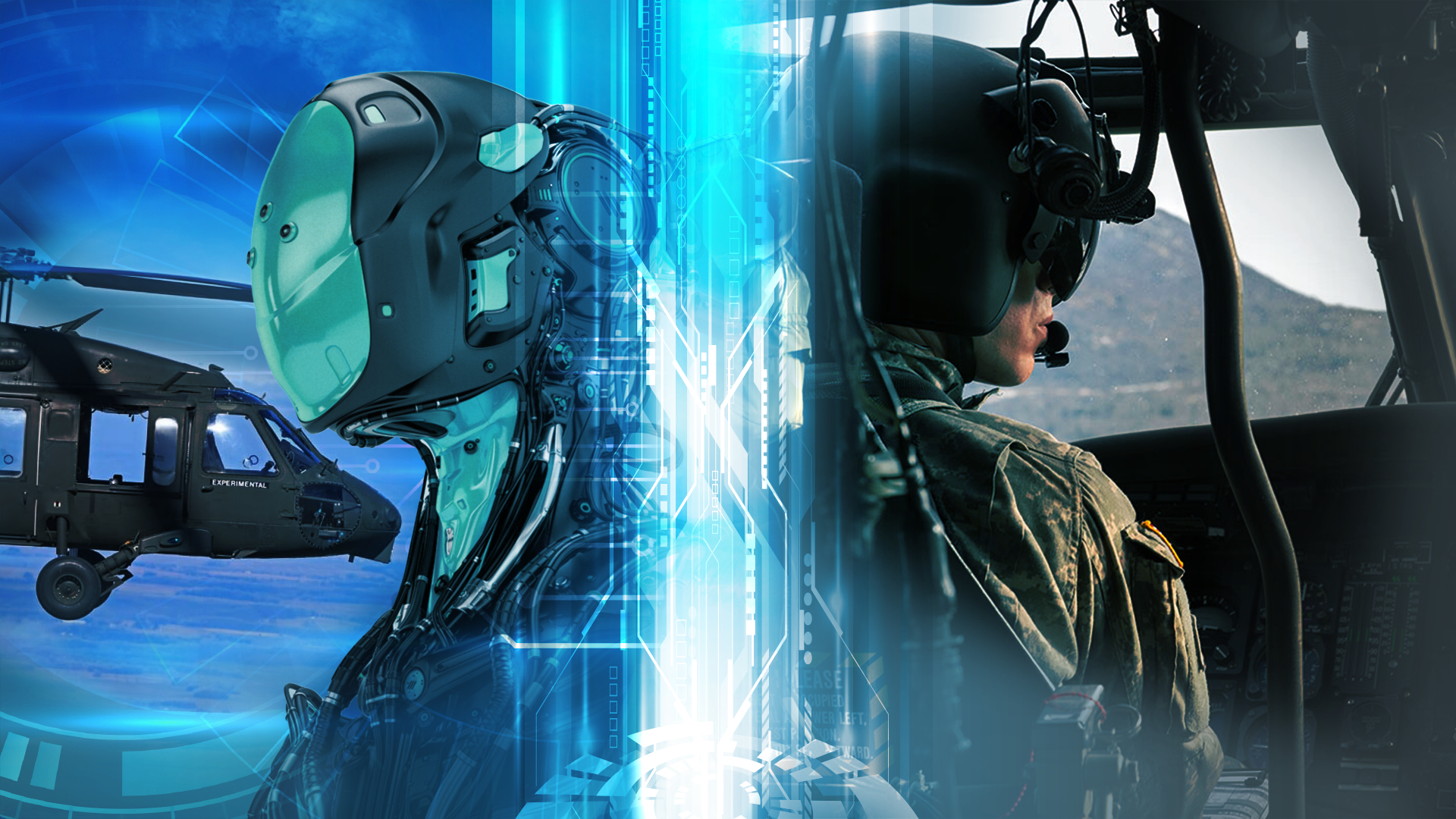 Split image showing autonomous aviation technology beside military pilot operating helicopter controls.
