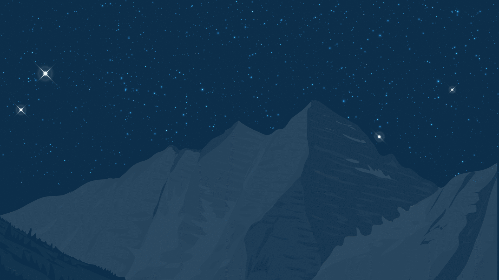 Minimal mountain landscape illustration beneath night sky.