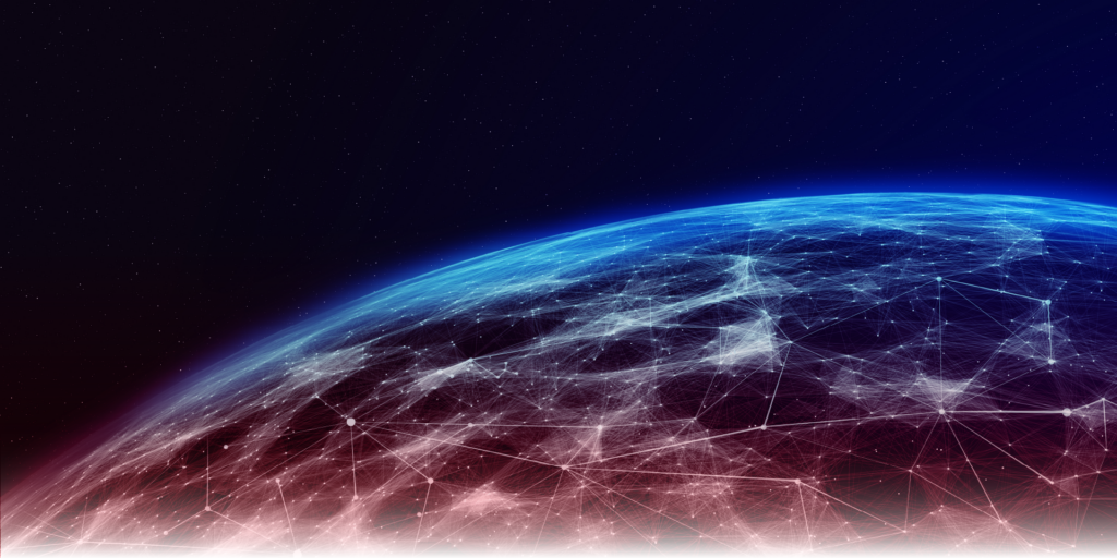 Digital network visualization over Earth representing global communications and connectivity.