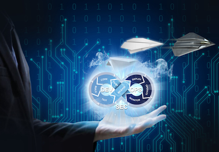 Hand interacting with digital cybersecurity and artificial intelligence interface.