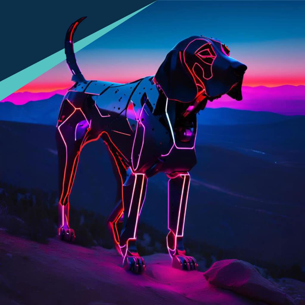 Futuristic robotic dog illustration in neon lighting environment.