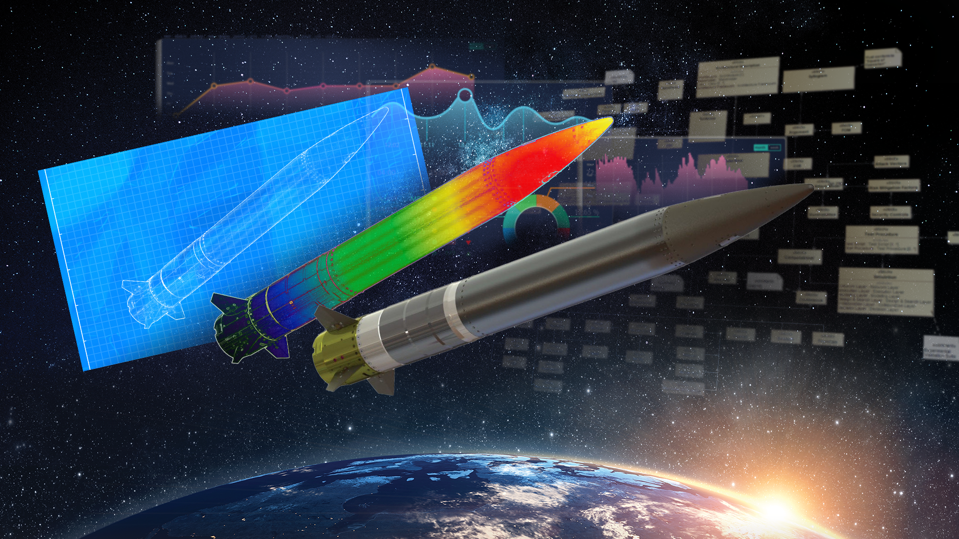 Missile systems visualization showing aerodynamic analysis, digital modeling, and performance simulation data above Earth.