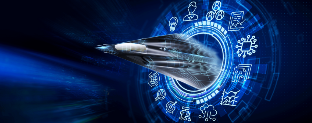 High-speed aerospace vehicle visualization with digital technology interface background.