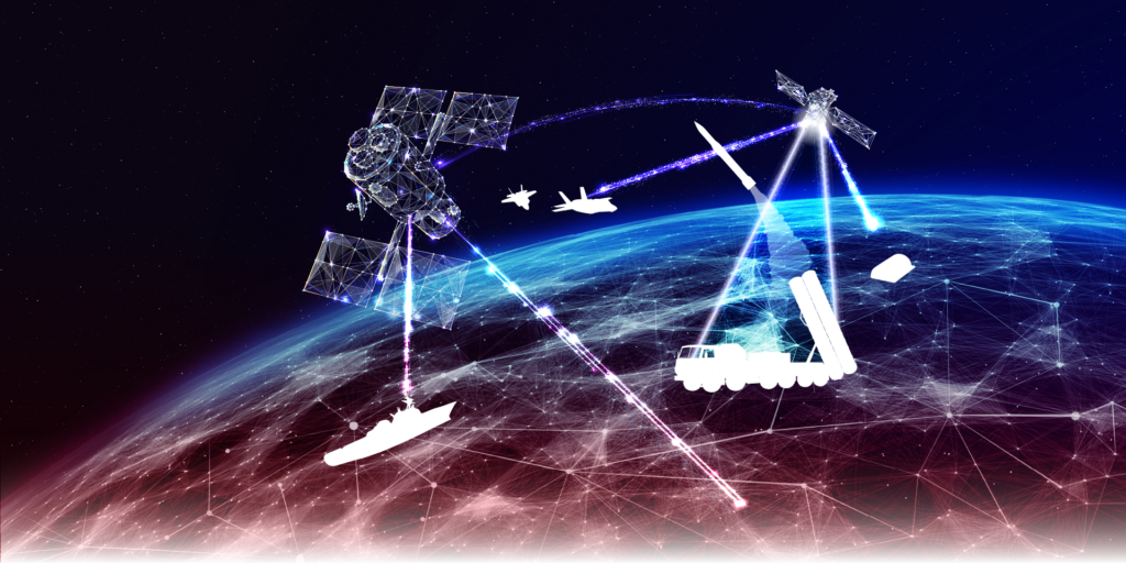 Integrated space and defense systems visualization showing satellites, aircraft, missile defense assets, and global communications networks.