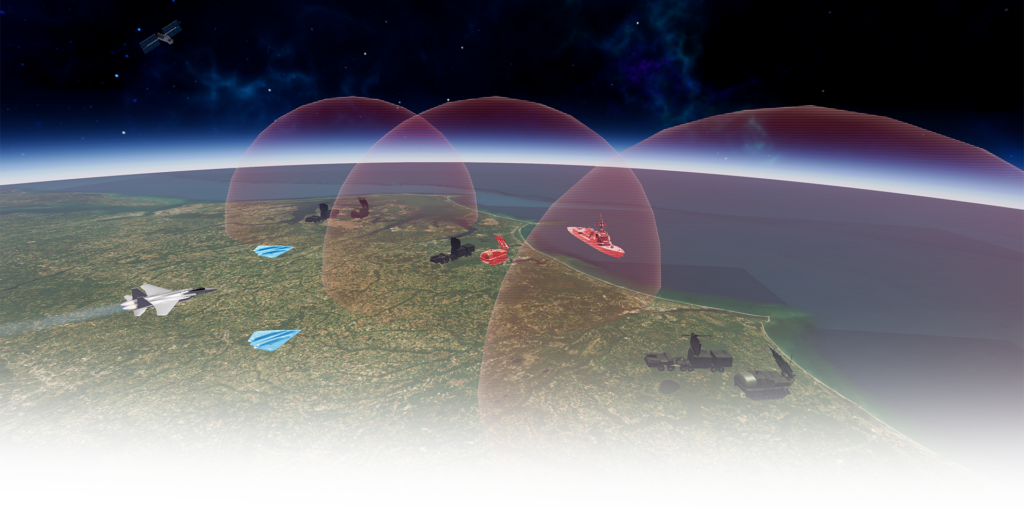Integrated air and missile defense visualization showing overlapping sensor or radar coverage zones across operational assets.