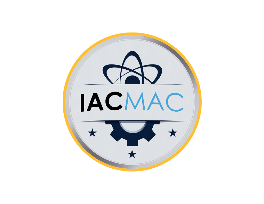IACMAC organizational logo featuring atomic and gear design elements.