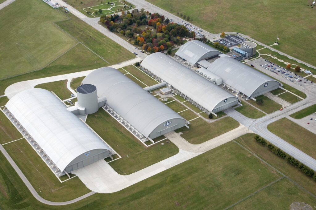 Aerial view of aerospace or defense research facility buildings.