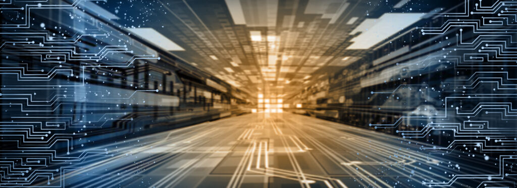 Abstract digital technology background with circuit patterns and data network visualization.