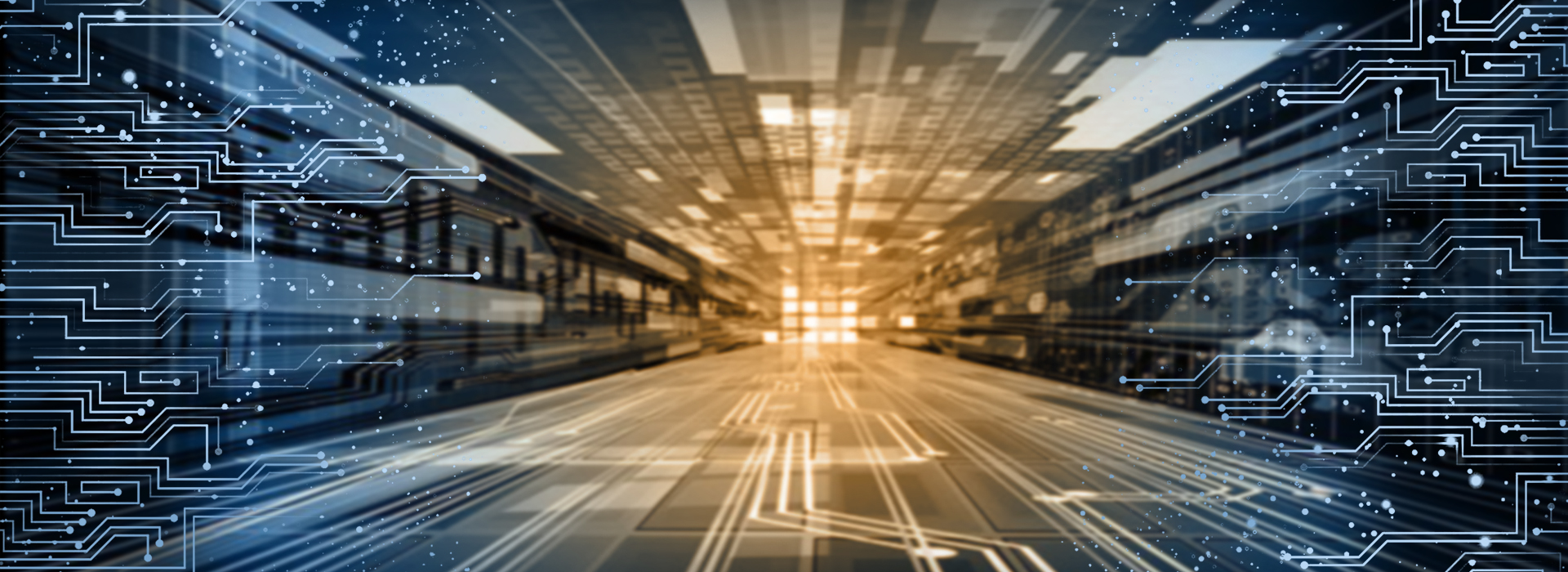 Abstract digital technology background with circuit patterns and data network visualization.