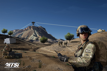 Soldier operating communications equipment in mountainous terrain with network connectivity visualization overlay.