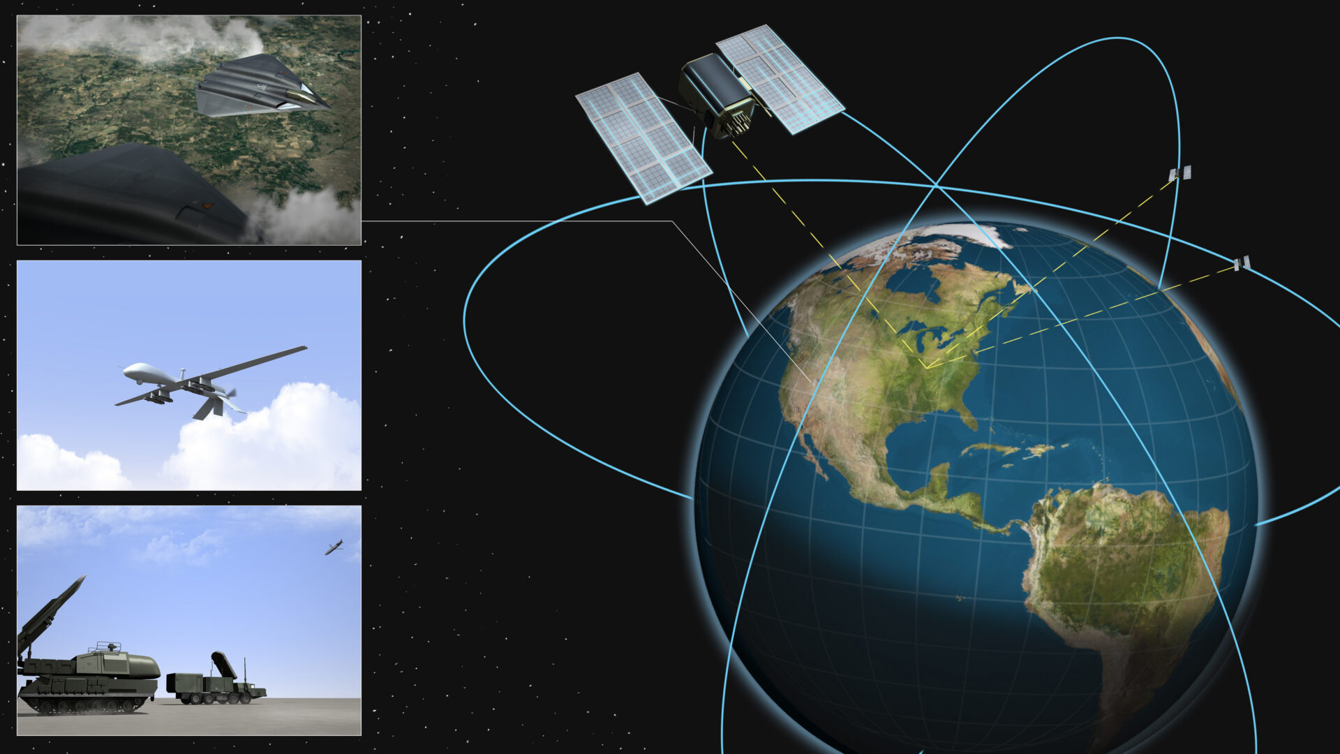 Integrated defense systems visualization showing satellites, unmanned aircraft, missile defense systems, and global communications coverage.