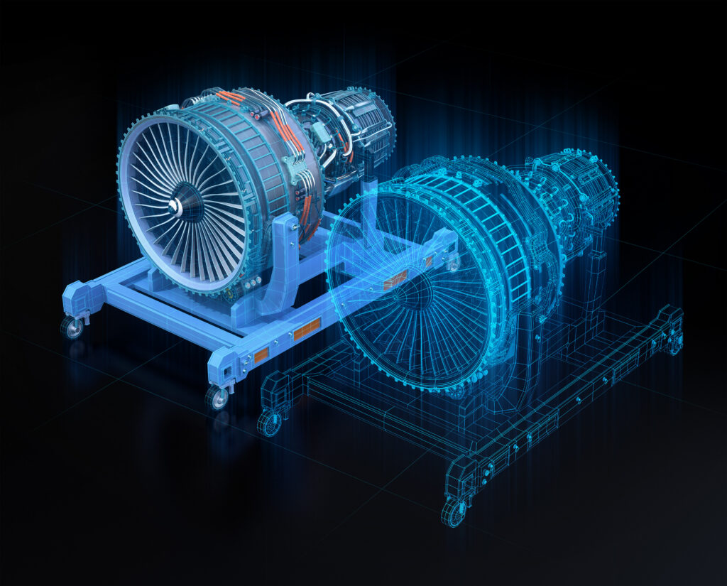 Digital engineering visualization of aircraft engine systems and propulsion components.