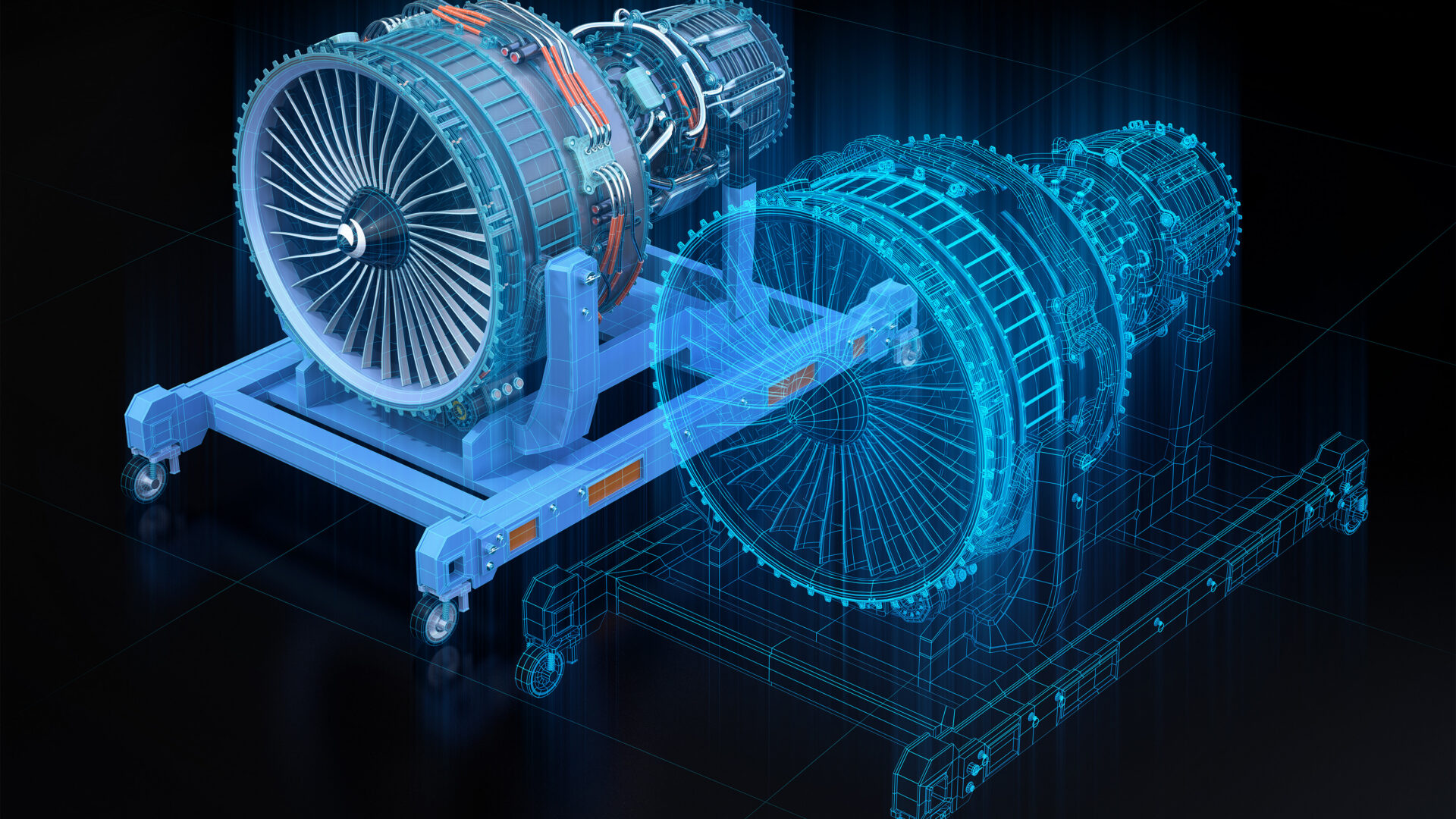 Digital engineering visualization of aircraft engine systems and propulsion components.