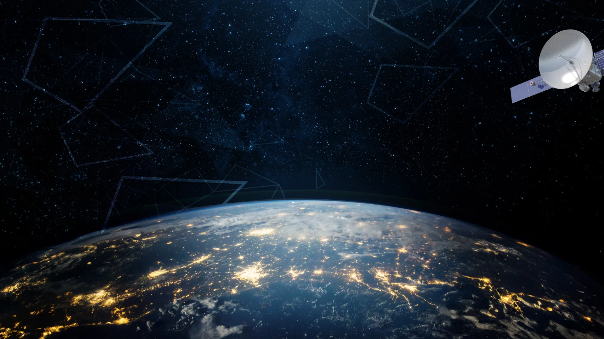 Satellite orbiting above Earth with illuminated city lights visible from space.
