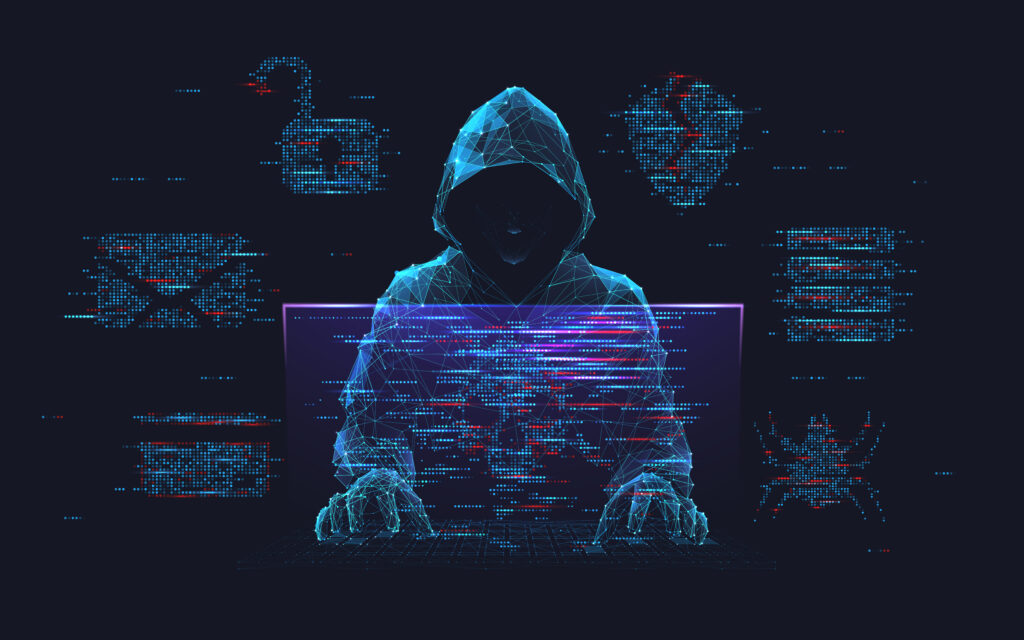 Hooded digital figure representing cybersecurity threats and cyber defense operations.