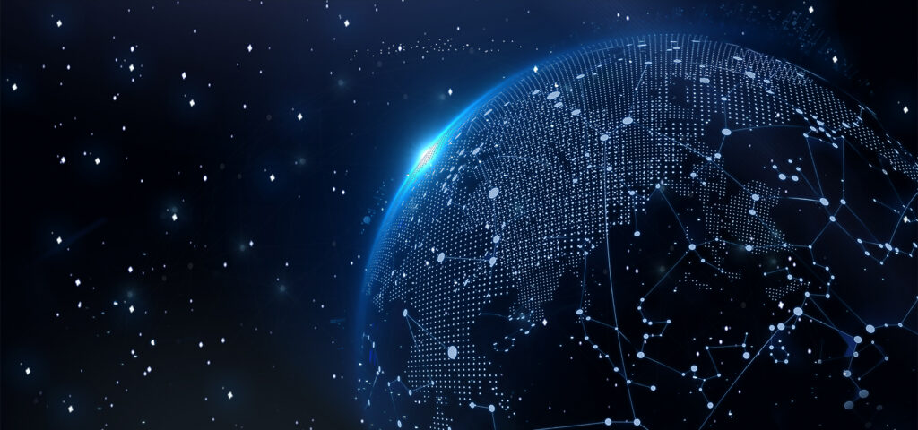Digital network visualization over Earth representing global communications and connectivity.