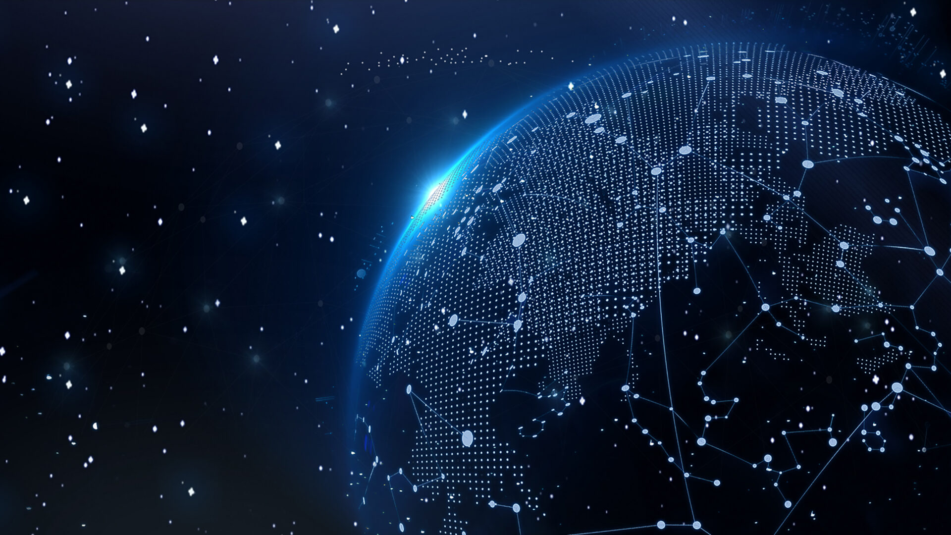 Digital network visualization over Earth representing global communications and connectivity.