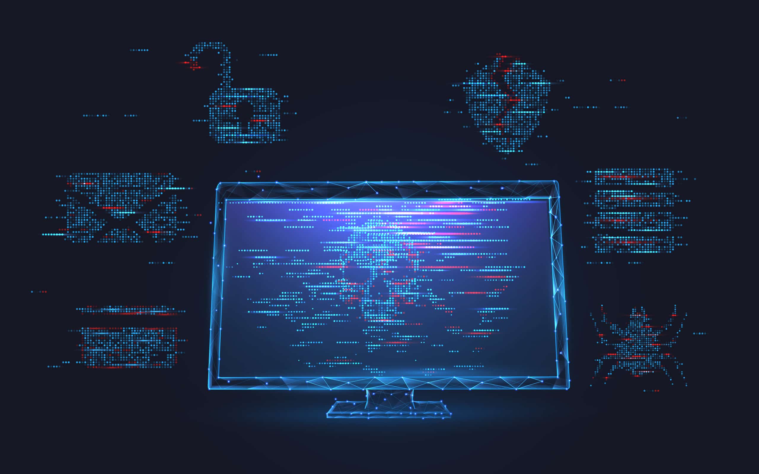 Cybersecurity visualization showing malware, phishing, and system threat indicators surrounding digital computer display.