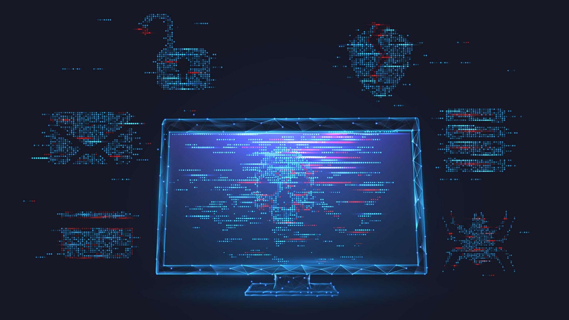 Cybersecurity visualization showing malware, phishing, and system threat indicators surrounding digital computer display.