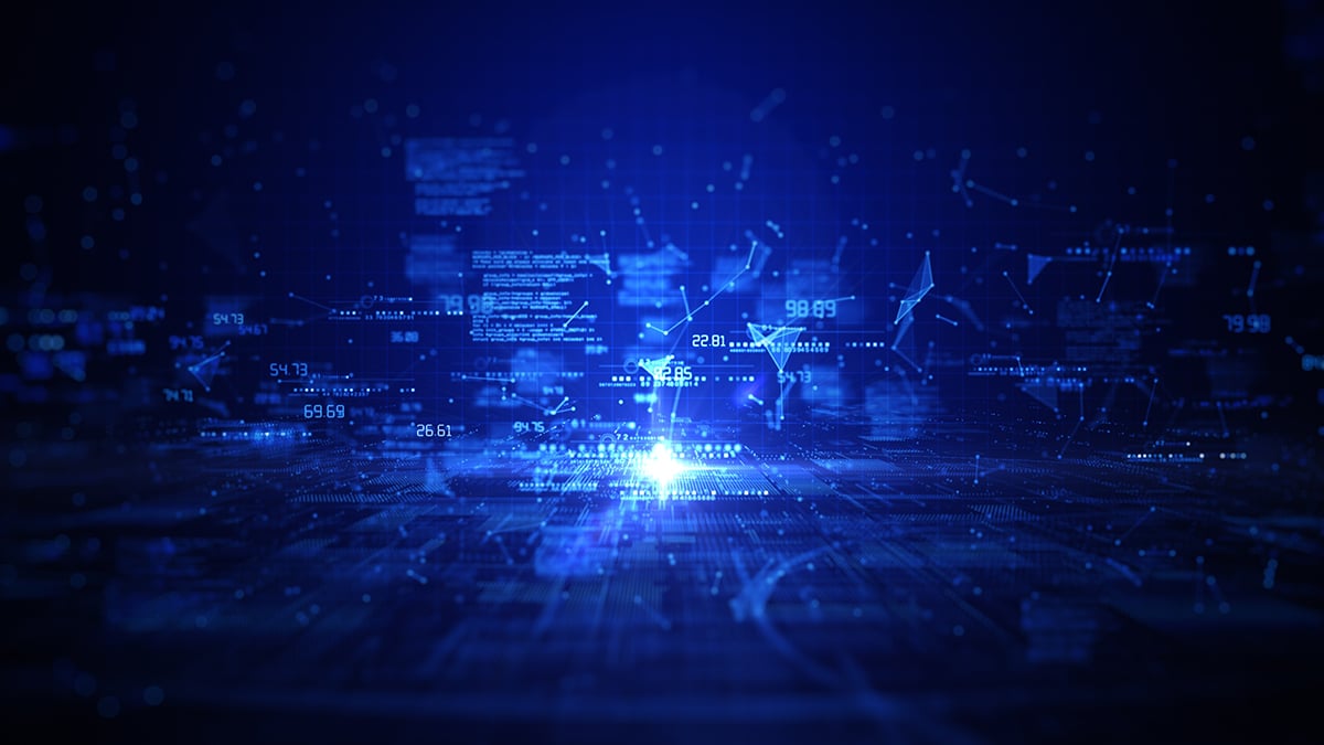 Abstract blue digital technology background with glowing data and interface elements.