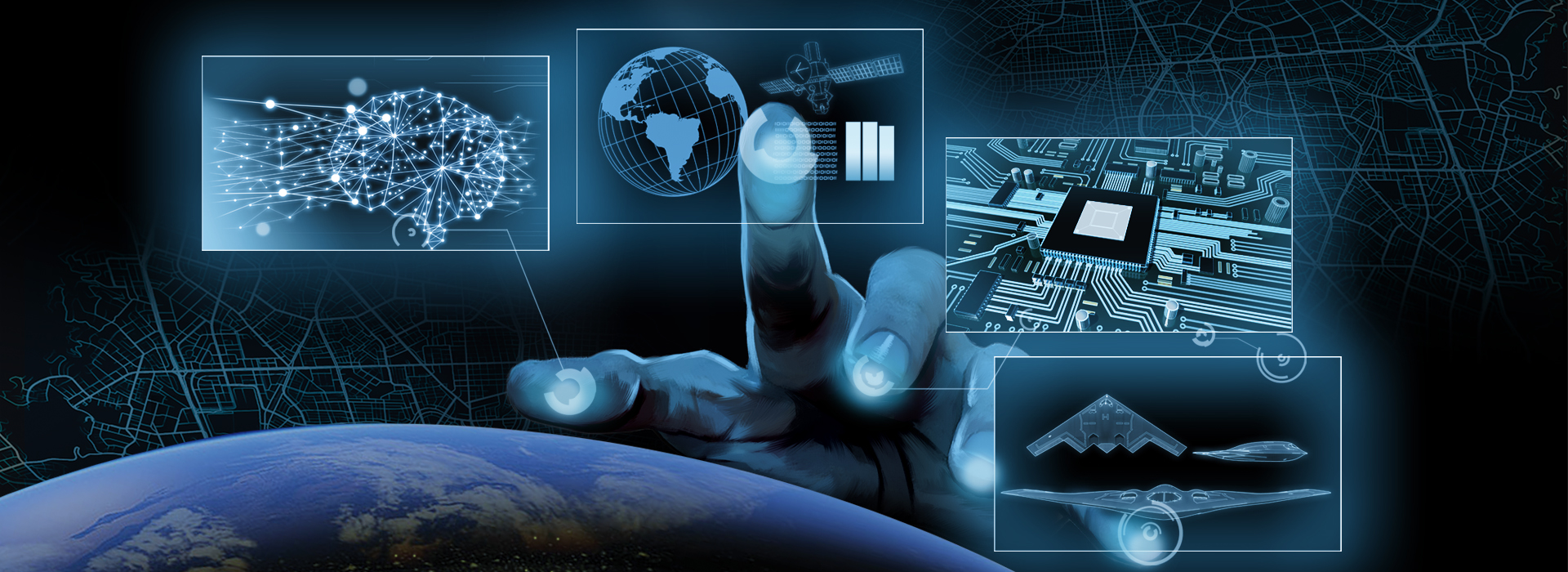 Digital technology visualization showing artificial intelligence, satellite communications, microelectronics, and advanced aircraft systems above Earth.
