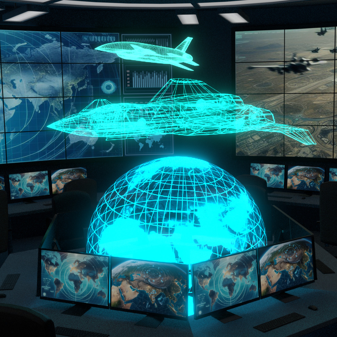 Digital command center visualization with holographic globe and aircraft imagery.