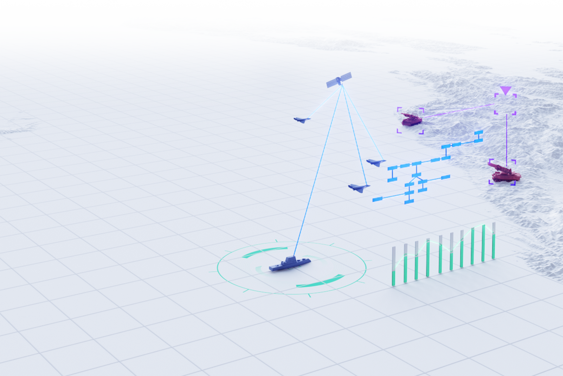 Multi-domain operations visualization showing coordinated satellite, air, maritime, and ground system communications.