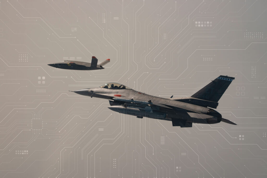 Military aircraft flying in formation with digital circuit-pattern background.