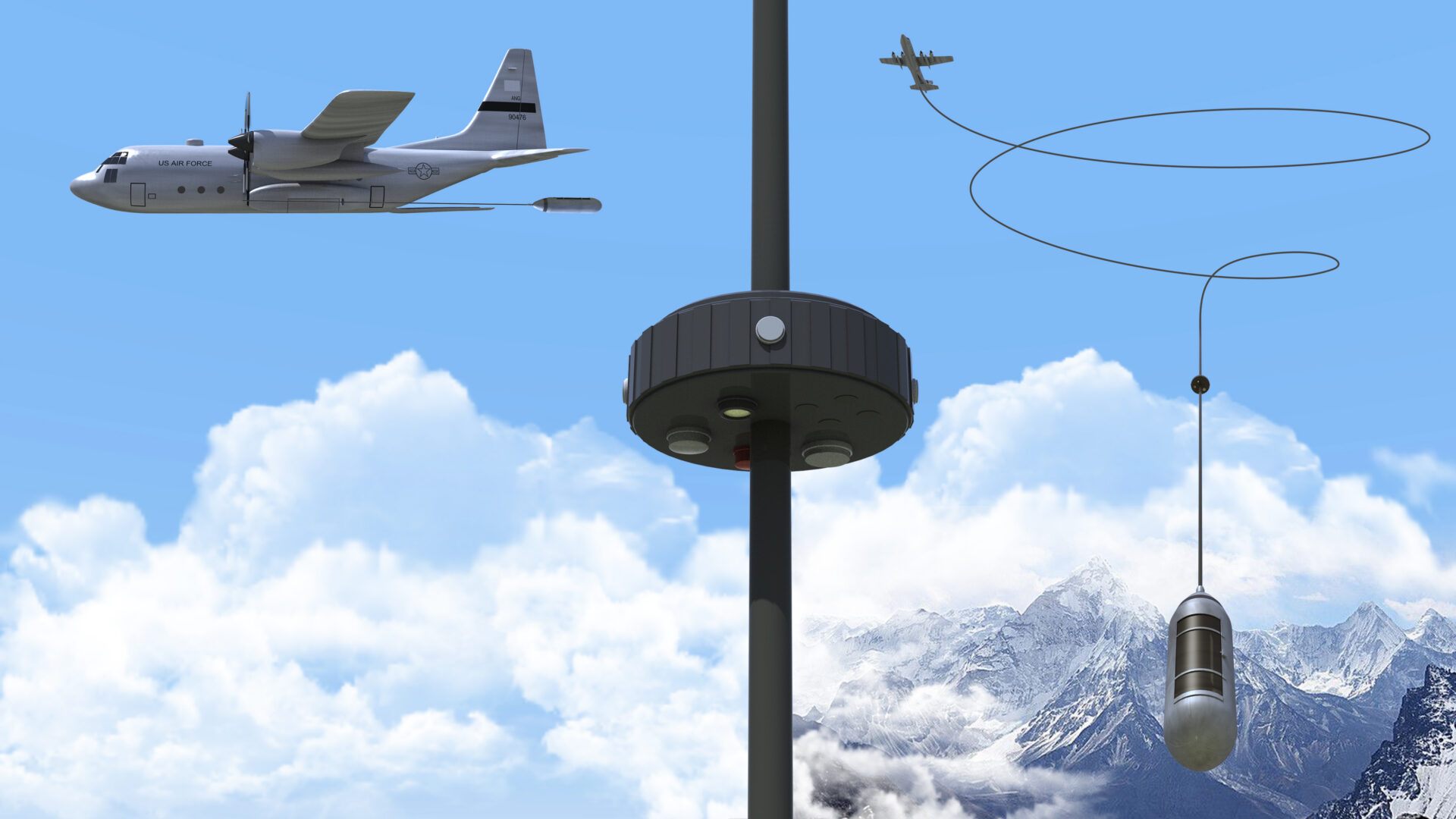 Aircraft deploying sensor payload from tethered system above mountainous terrain.