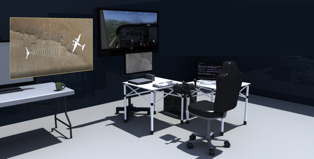 Ground control station with flight simulation displays and unmanned aircraft monitoring systems.