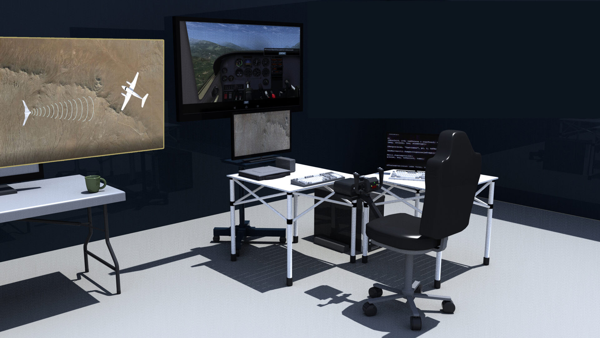 Ground control station with flight simulation displays and unmanned aircraft monitoring systems.