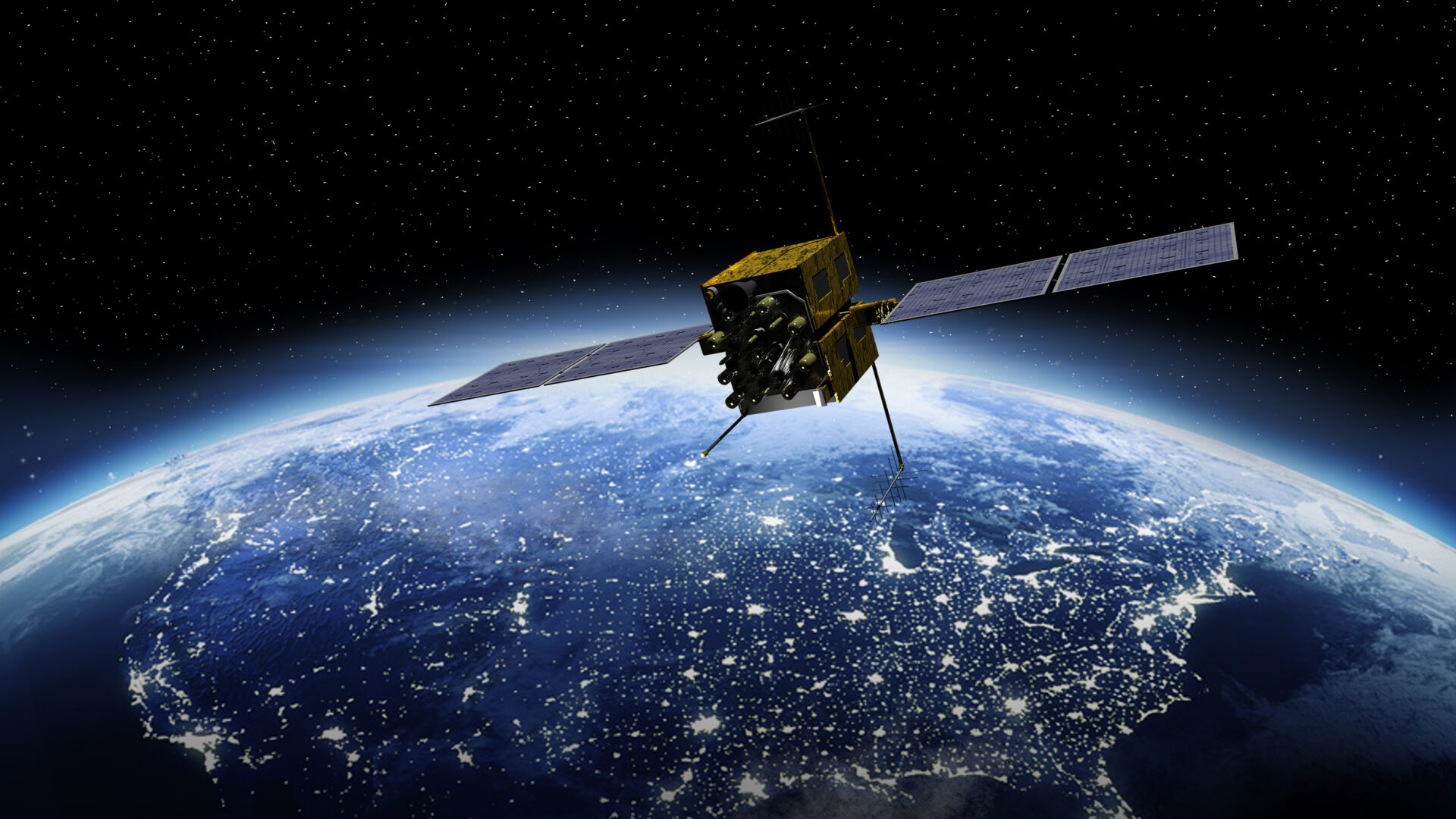 Satellite orbiting above Earth with illuminated city lights visible across the planet's surface.