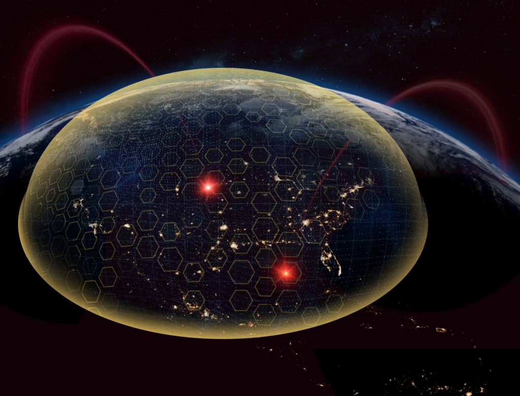 Global defense and communications network visualization surrounding Earth with connected operational nodes.