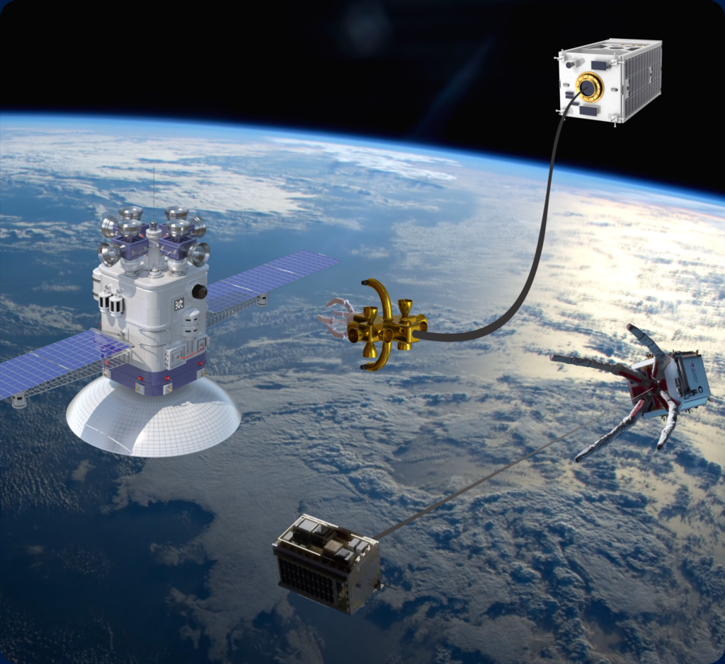 Space systems visualization showing satellites, robotic servicing technology, and orbital payload operations above Earth.