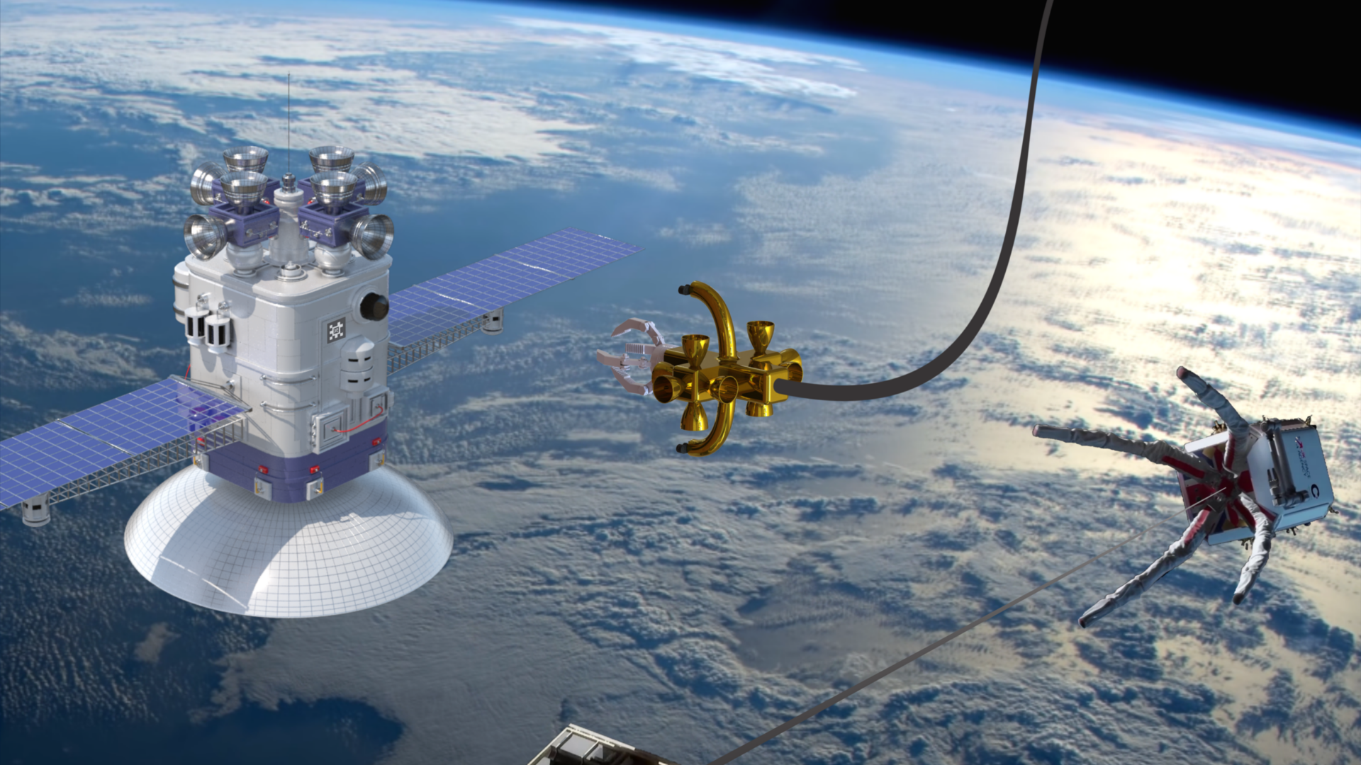 Space systems visualization showing satellites, robotic servicing technology, and orbital payload operations above Earth.