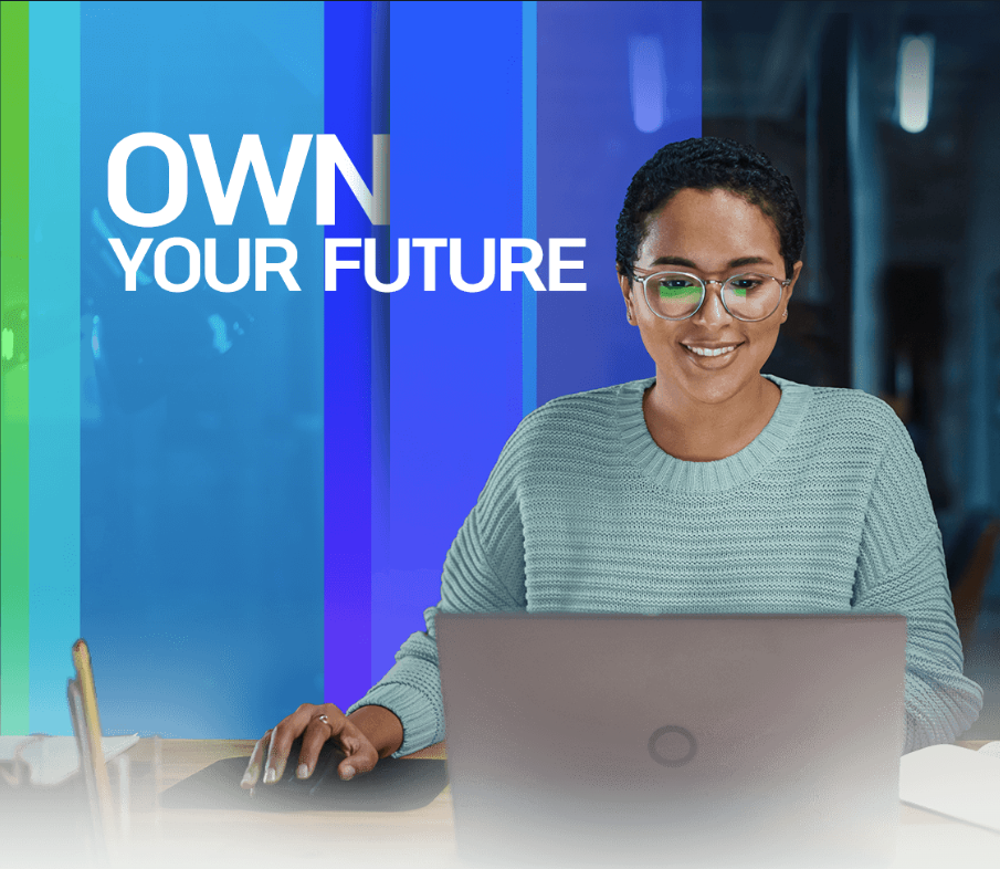 Person working on laptop beside “Own Your Future” text graphic.