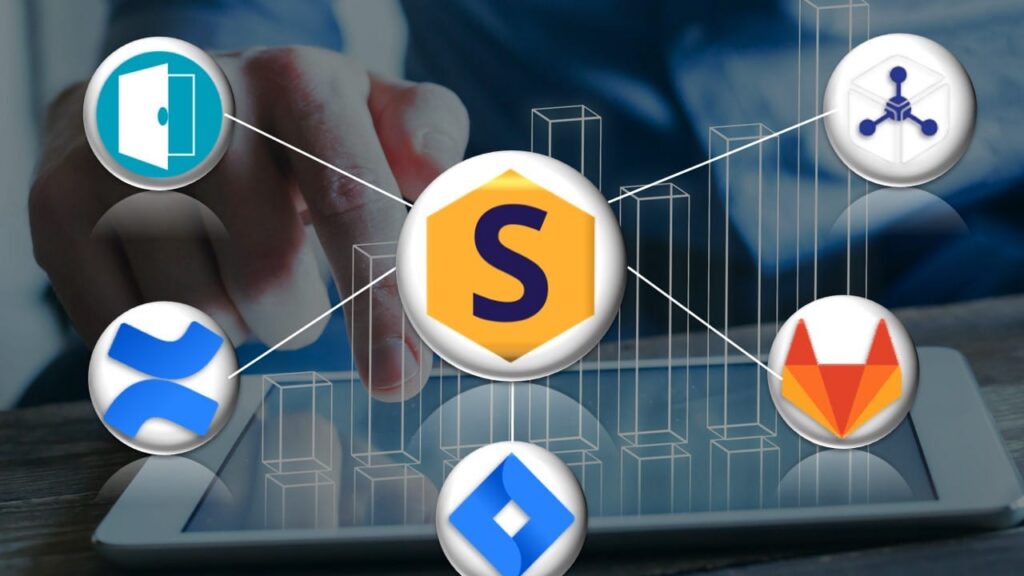 Digital collaboration and software integration graphic displayed over tablet interface.
