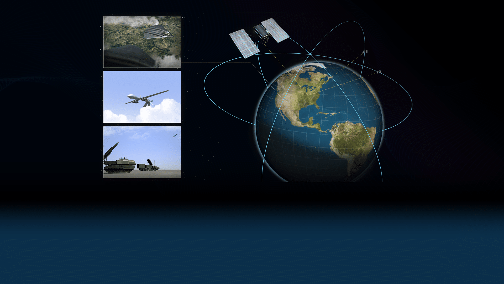 Integrated defense systems visualization showing satellites, unmanned aircraft, missile defense systems, and global communications coverage.