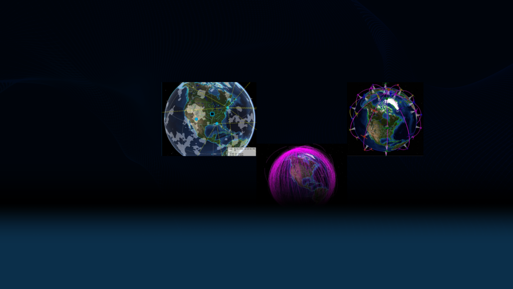 Global network visualization displaying Earth with interconnected satellite and communications coverage patterns.