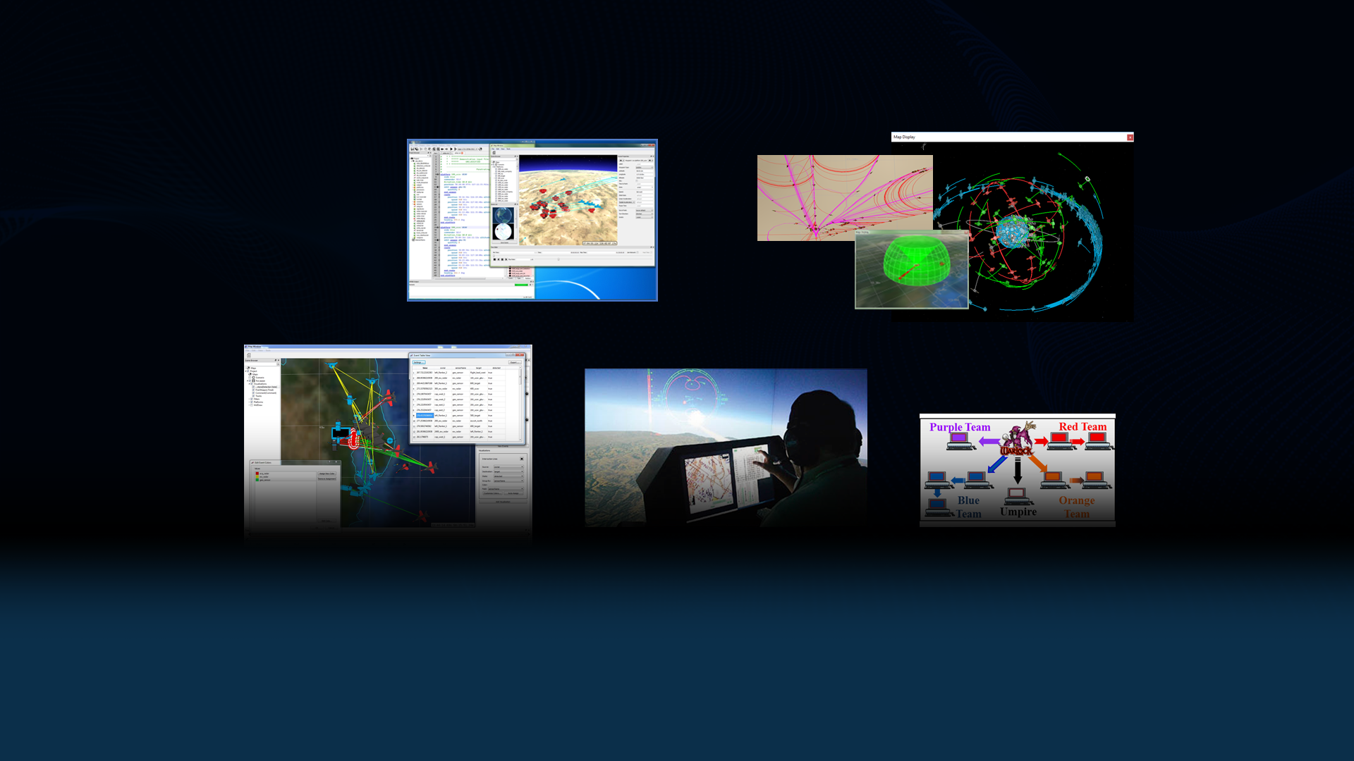 Collection of mission planning, simulation, and operational analysis software interface displays.
