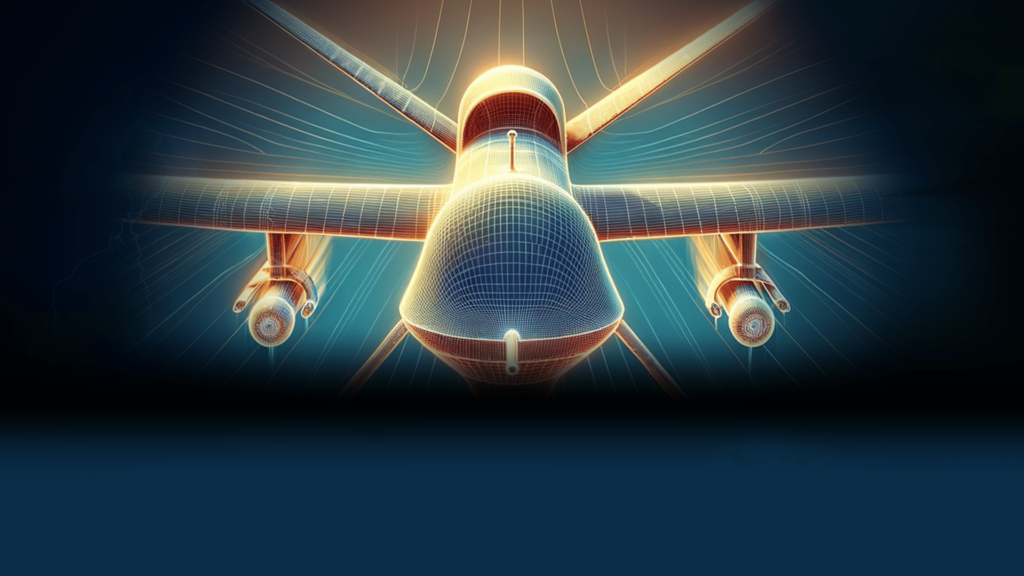 Digital wireframe visualization of unmanned aircraft and aerospace engineering systems.