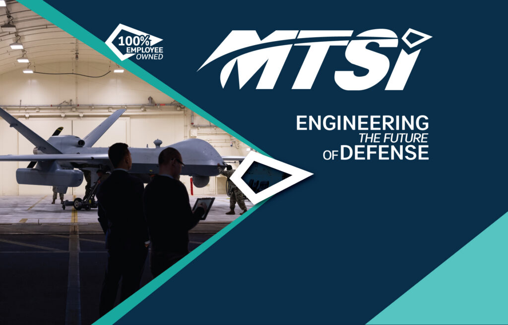 MTSI promotional banner featuring aerospace defense branding and unmanned aircraft operations.