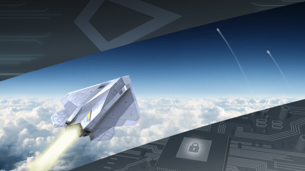 Concept rendering of advanced aerospace vehicle flying above clouds with digital security and defense technology overlays.