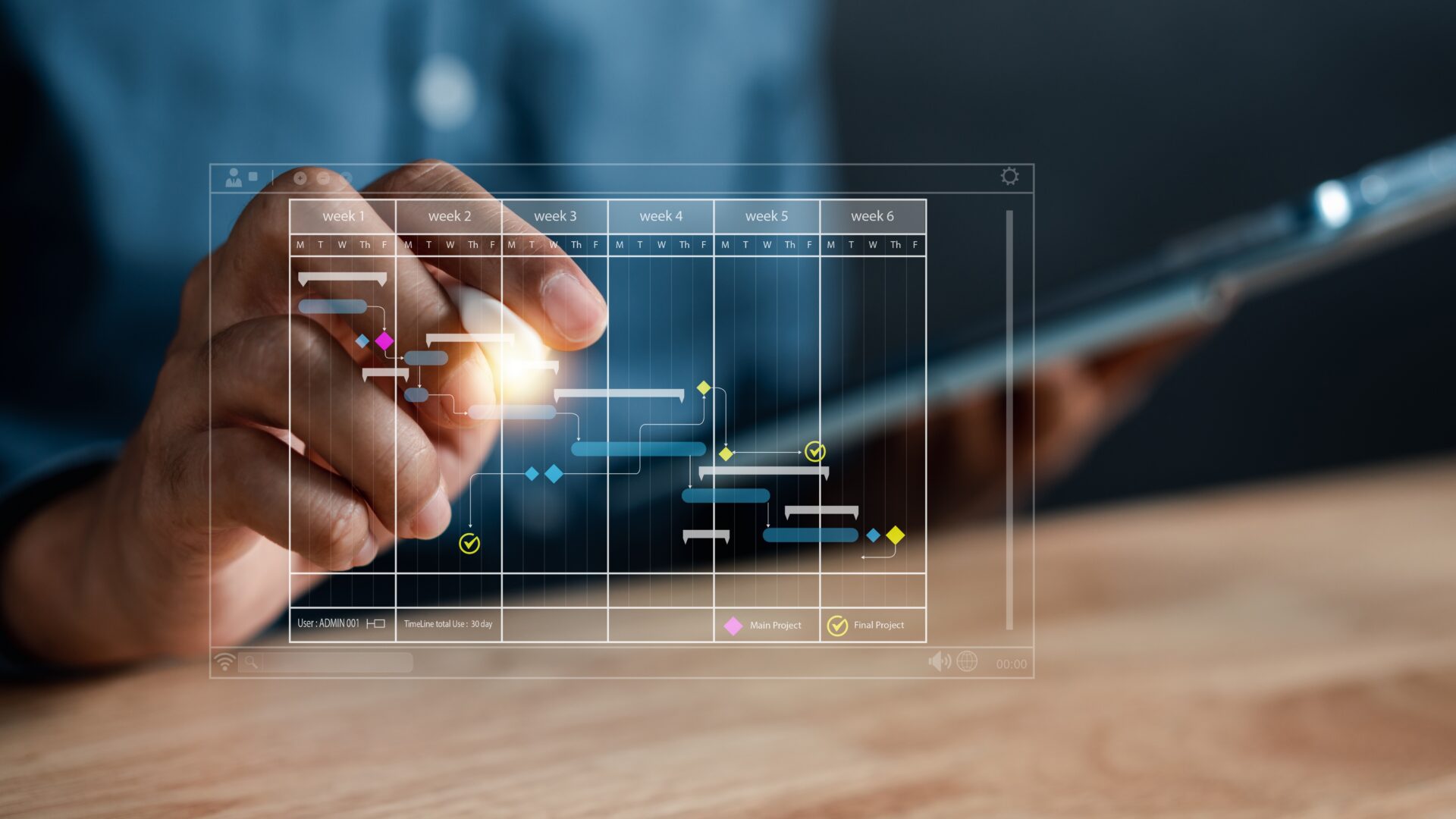 Hand interacting with digital project scheduling and workflow management interface.