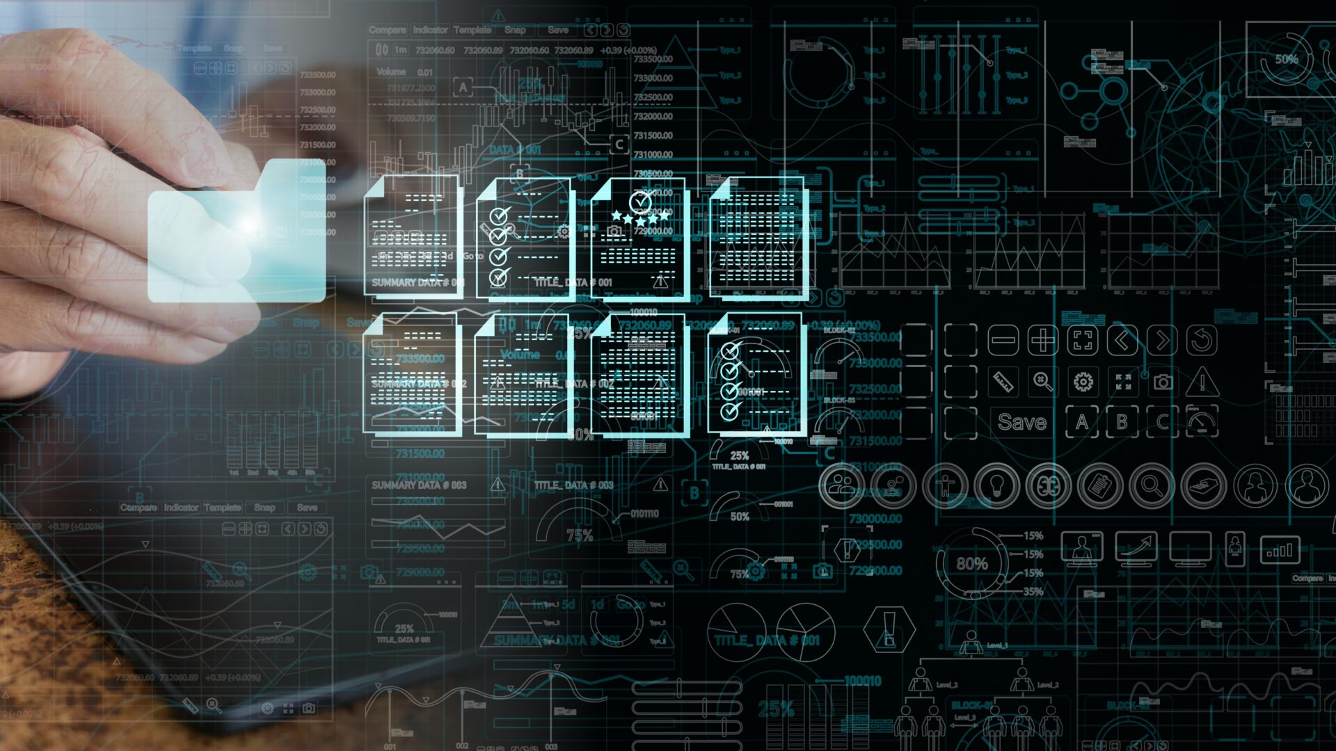 Hand interacting with digital dashboard interface displaying data analytics and system monitoring graphics.