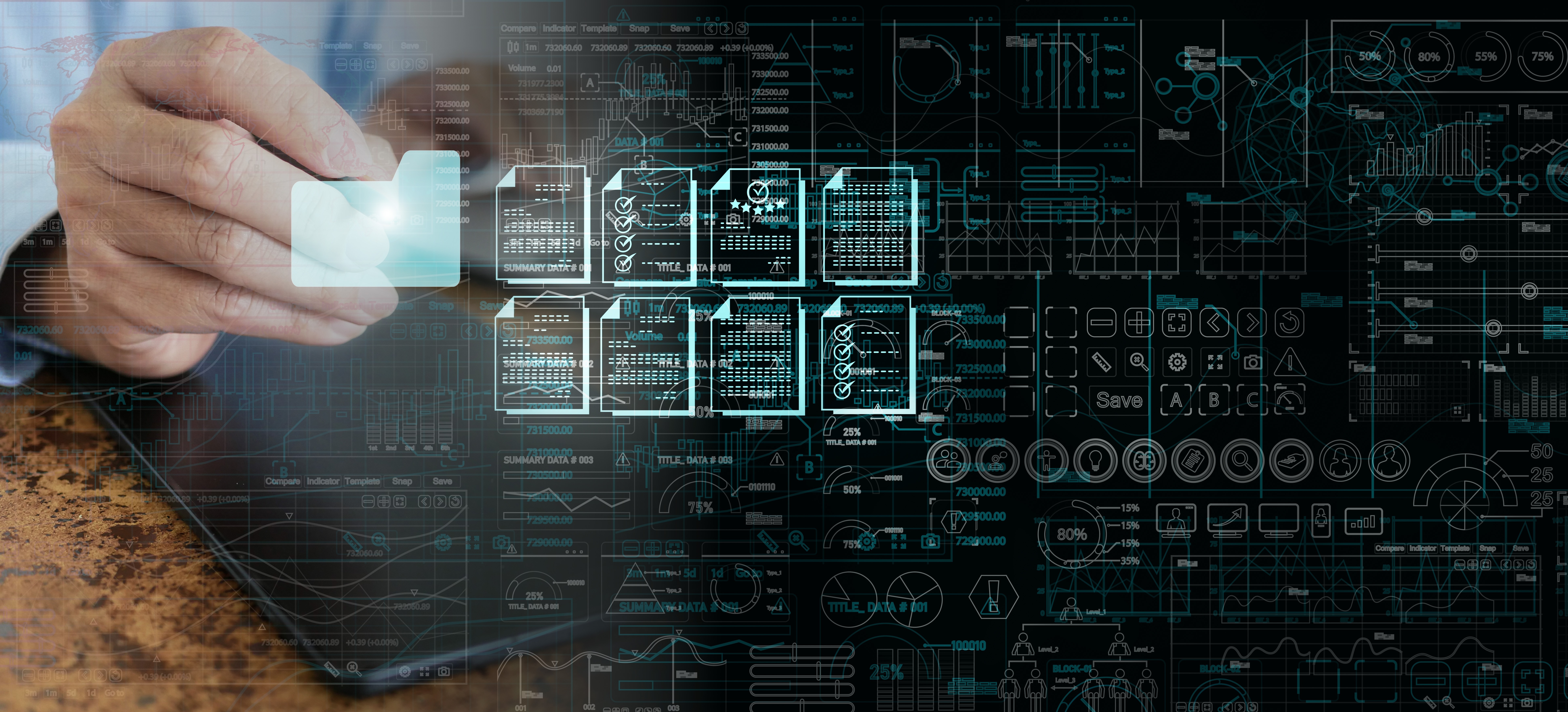 Hand interacting with digital dashboard interface displaying data analytics and system monitoring graphics.